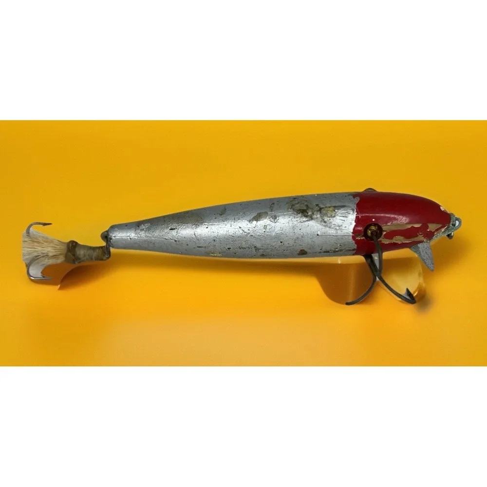 Vintage Pflueger Palomine Wood Fishing Lure Red Head Silver Glass Eyes